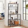 Modern 3-Shelf Black Metal Light Grey Wood Kitchen Baker's Rack Microwave Stand