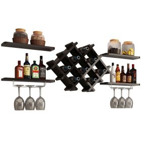 Black 5 Piece Wall Mounted Wine Rack Set with Storage Shelves