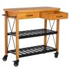 FarmHouse Rolling Kitchen Island 2 Drawers Storage with Butcher Block Rubberwood Top