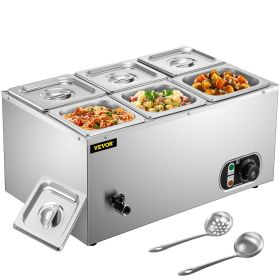 VEVOR 110V Commercial Food Warmer 6x1/6GN, 6-Pan Stainless Steel Bain Marie 12.6 Qt Capacity,1500W Steam Table 15cm/6inch Deep,Temp. Control 86-185