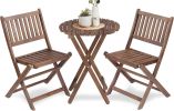 3-Piece Acacia Wood Bistro Set, Wooden Folding Patio Furniture for Garden Backyard Balcony Porch w/ 1 Coffee Table and 2 Foldable Chairs